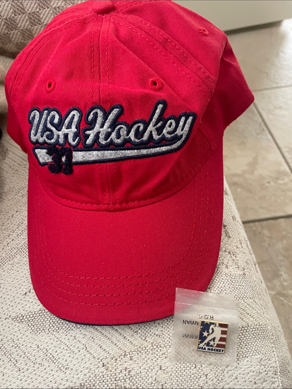 USA hockey cap Red. With USA pin New condition never worn just stored away